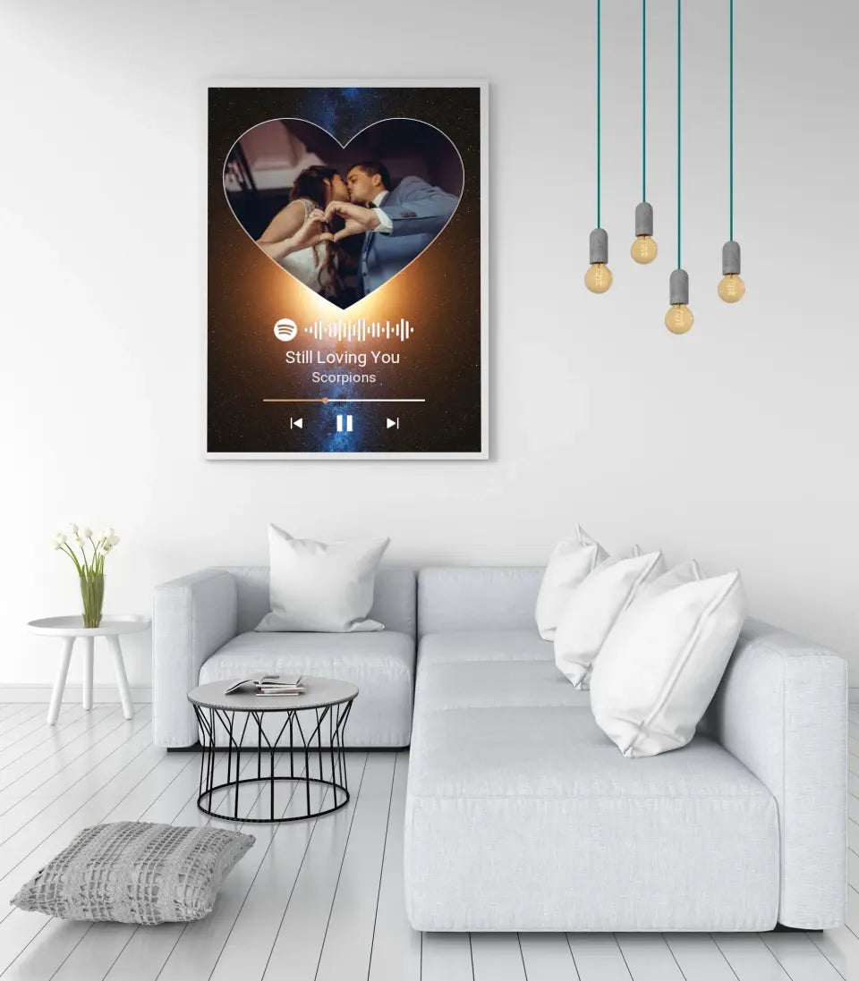 Personalizuotas Spotify muzikos grotuvo plakatas su jūsų nuotrauka, fonu, daina ir spotify kodu