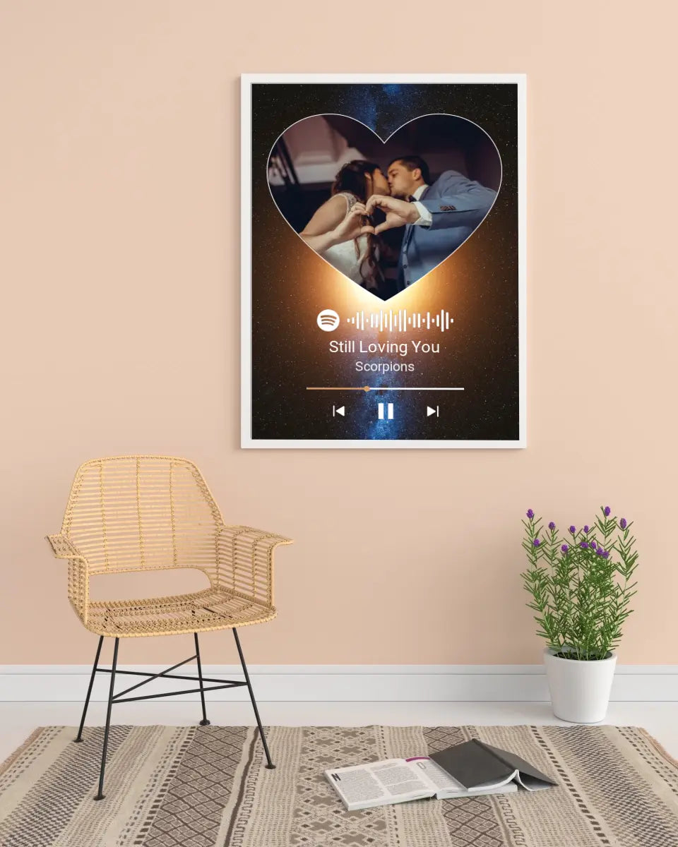 Personalizuotas Spotify muzikos grotuvo plakatas su jūsų nuotrauka, fonu, daina ir spotify kodu