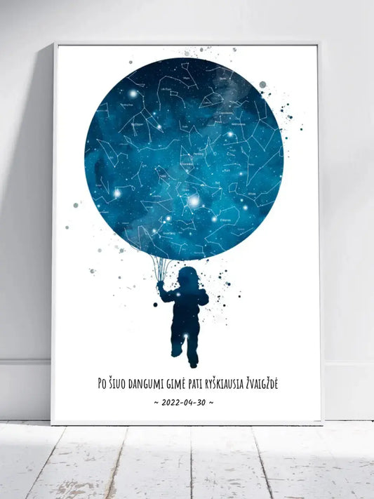 Personalizuotas vaikiškas žvaigždžių žemėlapis berniukui, plakatas su rėmeliu  Poster -  dovanokis.lt