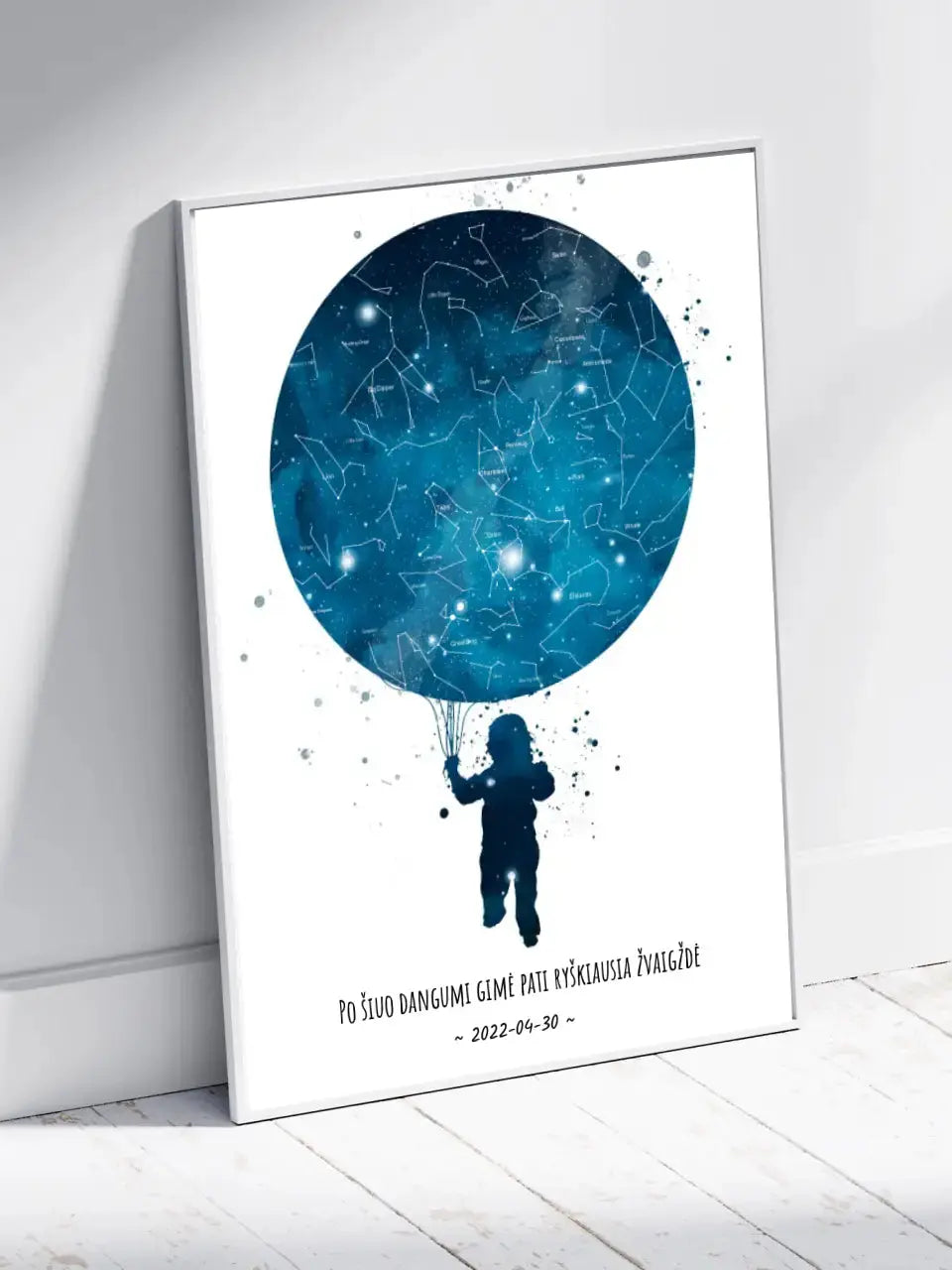 Personalizuotas vaikiškas žvaigždžių žemėlapis berniukui, plakatas su rėmeliu  Poster -  dovanokis.lt