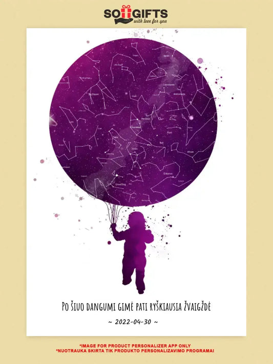 Personalizuotas vaikiškas žvaigždžių žemėlapis, plakatas su rėmeliu  Poster -  dovanokis.lt