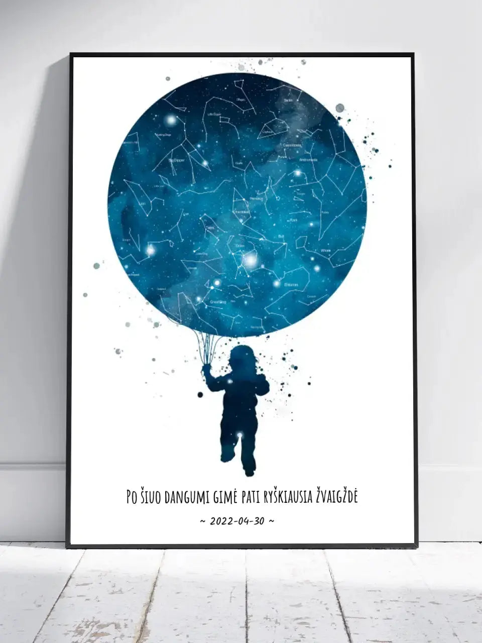 Personalizuotas vaikiškas žvaigždžių žemėlapis berniukui, plakatas su rėmeliu  Poster -  dovanokis.lt