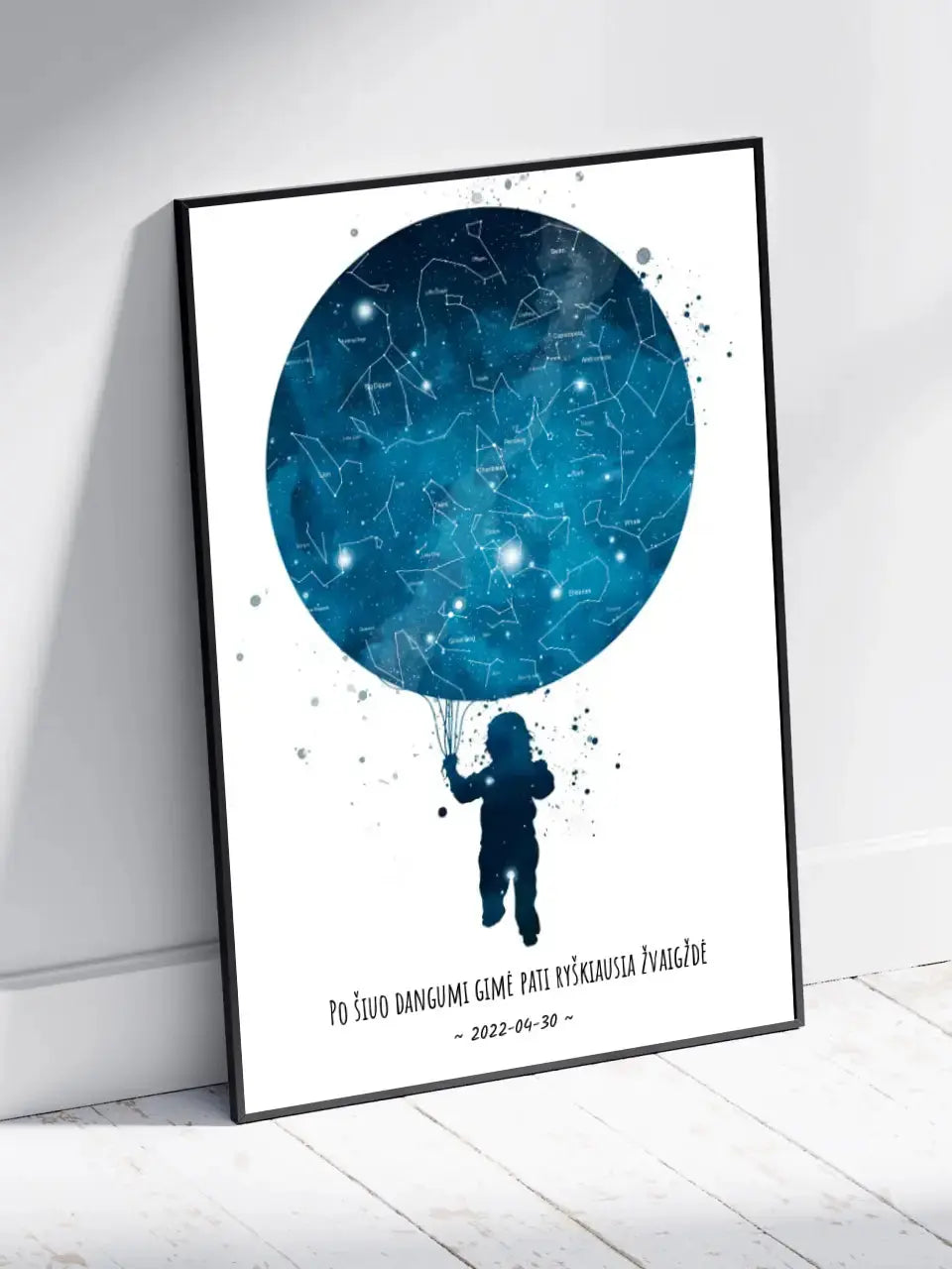 Personalizuotas vaikiškas žvaigždžių žemėlapis berniukui, plakatas su rėmeliu  Poster -  dovanokis.lt
