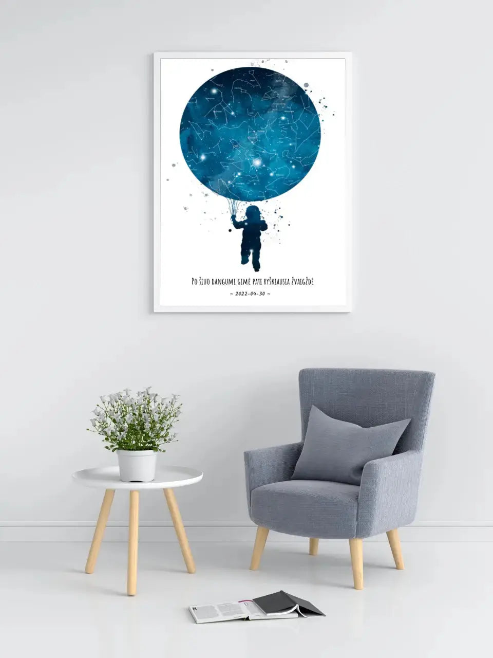 Personalizuotas vaikiškas žvaigždžių žemėlapis berniukui, plakatas su rėmeliu  Poster -  dovanokis.lt