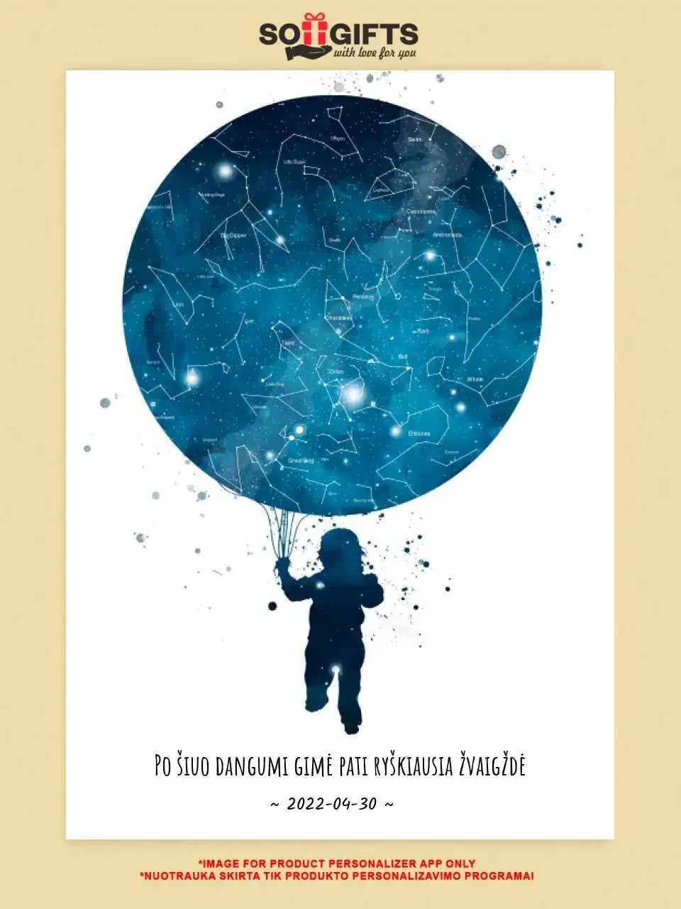 Personalizuotas vaikiškas žvaigždžių žemėlapis berniukui, plakatas su rėmeliu  Poster -  dovanokis.lt