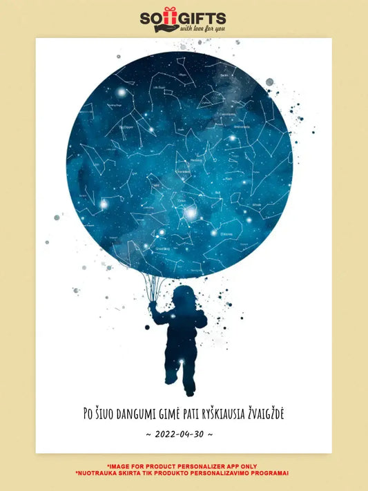Personalizuotas vaikiškas žvaigždžių žemėlapis berniukui, plakatas su rėmeliu  Poster -  dovanokis.lt