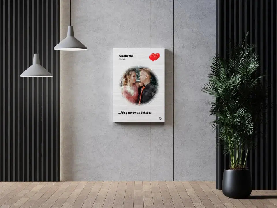 Personalizuotas "Love is" dizaino kūrinys ant drobės su jūsų nuotrauka ir citata  Drobe -  dovanokis.lt