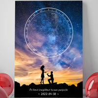 Personalizuotas žvaigždžių žemėlapis ant drobės, su santuokos pasiūlymo siluetu  Drobe -  dovanokis.lt