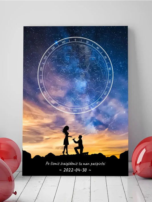 Personalizuotas žvaigždžių žemėlapis ant drobės, su santuokos pasiūlymo siluetu  Drobe -  dovanokis.lt