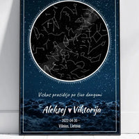 Personalizuotas žvaigždžių žemėlapis su mėlynu fonu, plakatas su rėmeliu  Poster -  dovanokis.lt