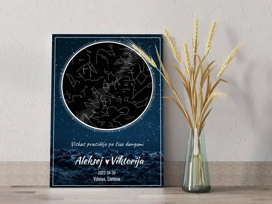 Personalizuotas žvaigždžių žemėlapis su mėlynu fonu ant drobės  Drobe -  dovanokis.lt