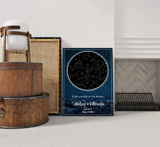 Personalizuotas žvaigždžių žemėlapis su mėlynu fonu ant drobės  Drobe -  dovanokis.lt