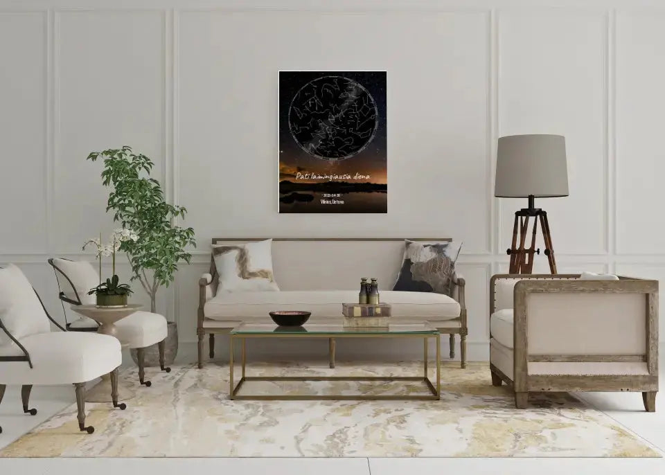 Personalizuotas žvaigždžių žemėlapis su fonu ir tekstu ant drobės  Drobe -  dovanokis.lt