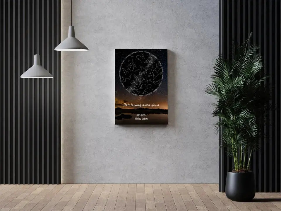 Personalizuotas žvaigždžių žemėlapis su fonu ir tekstu ant drobės  Drobe -  dovanokis.lt