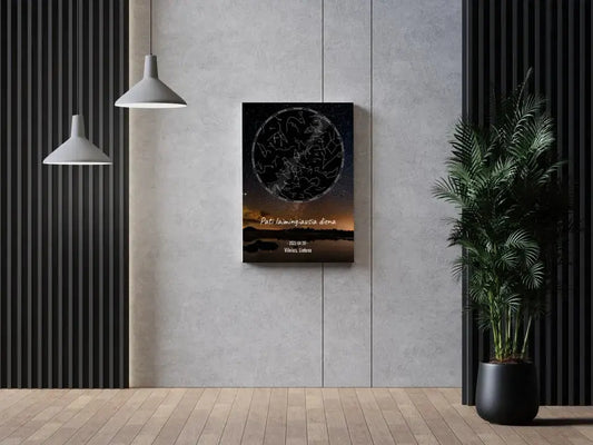 Personalizuotas žvaigždžių žemėlapis su fonu ir tekstu ant drobės  Drobe -  dovanokis.lt