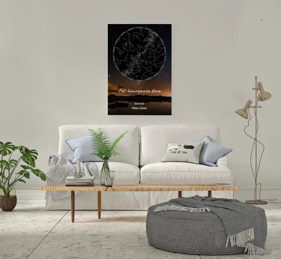 Personalizuotas žvaigždžių žemėlapis su fonu ir tekstu ant drobės  Drobe -  dovanokis.lt