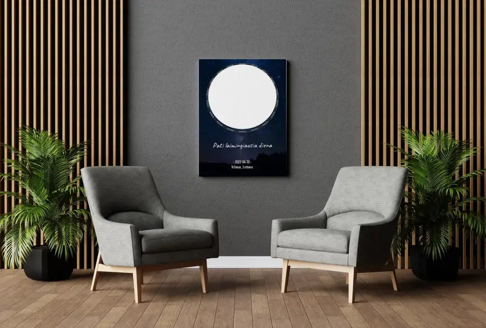 Personalizuotas žvaigždžių žemėlapis su fonu ir tekstu ant drobės  Drobe -  dovanokis.lt