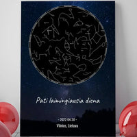 Personalizuotas žvaigždžių žemėlapis su fonu ir tekstu ant drobės  Drobe -  dovanokis.lt