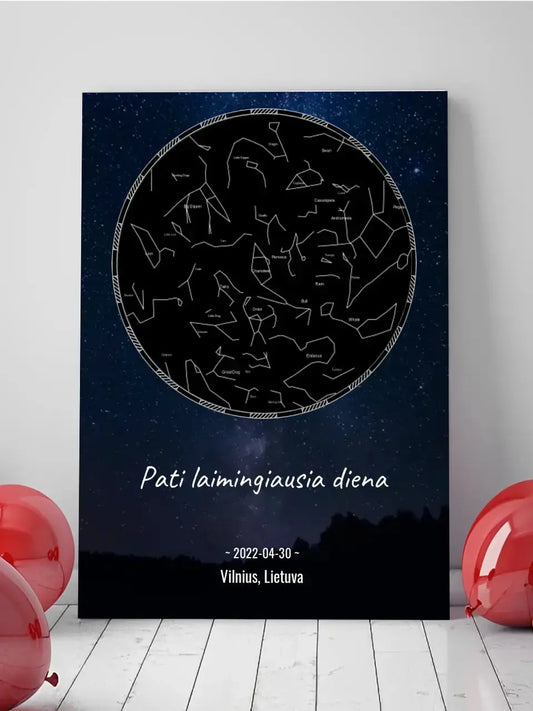 Personalizuotas žvaigždžių žemėlapis su fonu ir tekstu ant drobės  Drobe -  dovanokis.lt