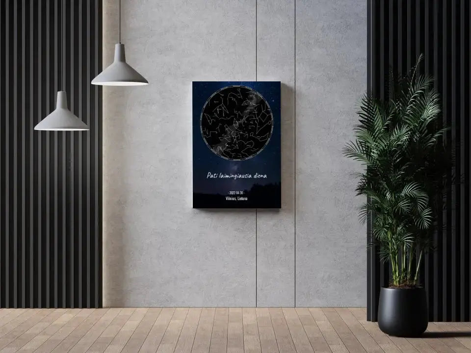 Personalizuotas žvaigždžių žemėlapis su fonu ir tekstu ant drobės  Drobe -  dovanokis.lt