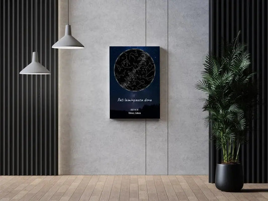 Personalizuotas žvaigždžių žemėlapis su fonu ir tekstu ant drobės  Drobe -  dovanokis.lt