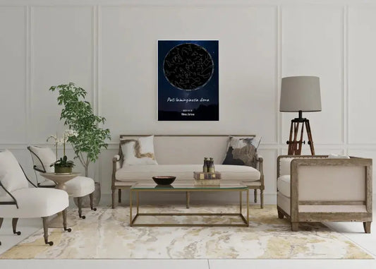 Personalizuotas žvaigždžių žemėlapis su fonu ir tekstu ant drobės  Drobe -  dovanokis.lt