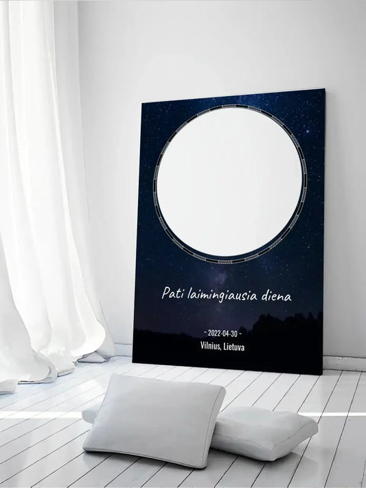 Personalizuotas žvaigždžių žemėlapis su fonu ir tekstu ant drobės  Drobe -  dovanokis.lt