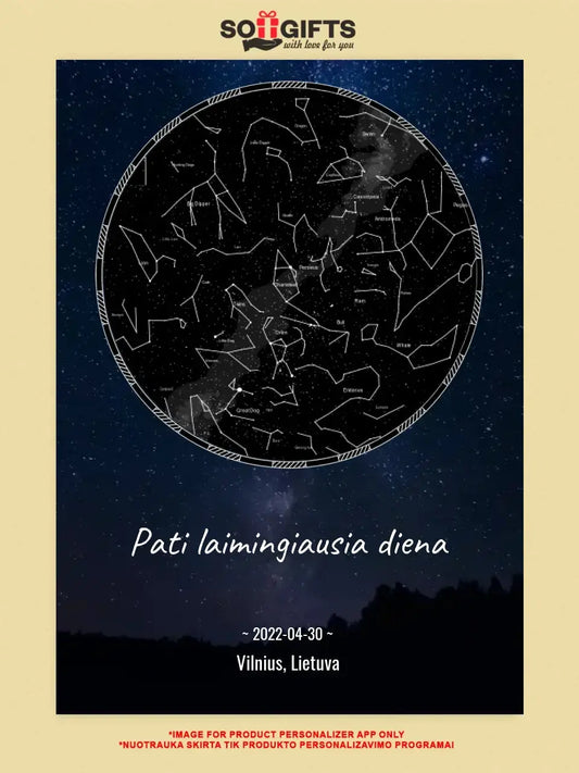 Personalizuotas žvaigždžių žemėlapis su fonu ir tekstu ant drobės  Drobe -  dovanokis.lt