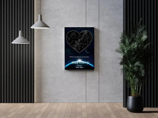 Personalizuotas žvaigždžių žemėlapis su fonu ir tekstu ant drobės  Drobe -  dovanokis.lt