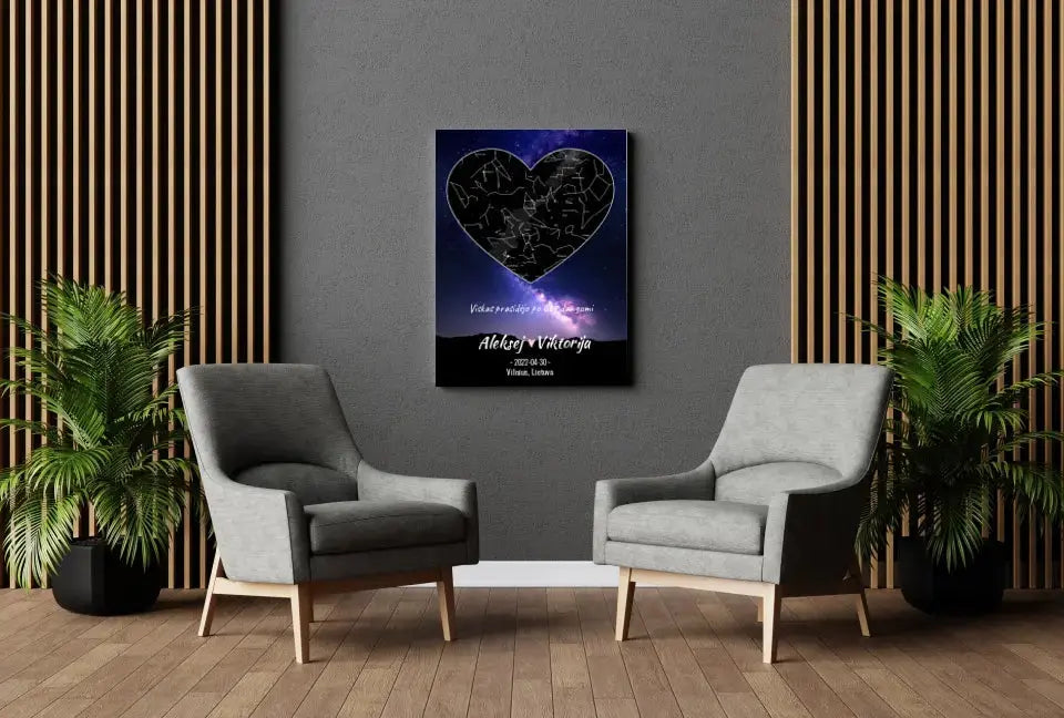 Personalizuotas žvaigždžių žemėlapis su fonu ir tekstu ant drobės  Drobe -  dovanokis.lt