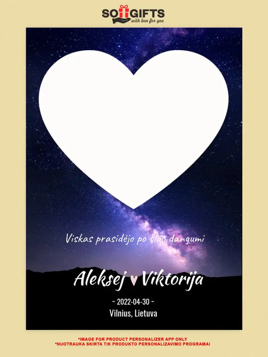 Personalizuotas žvaigždžių žemėlapis su fonu ir tekstu ant drobės  Drobe -  dovanokis.lt