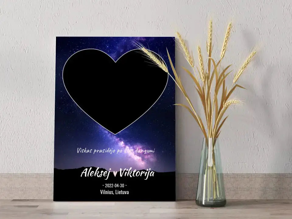 Personalizuotas žvaigždžių žemėlapis su fonu ir tekstu ant drobės  Drobe -  dovanokis.lt