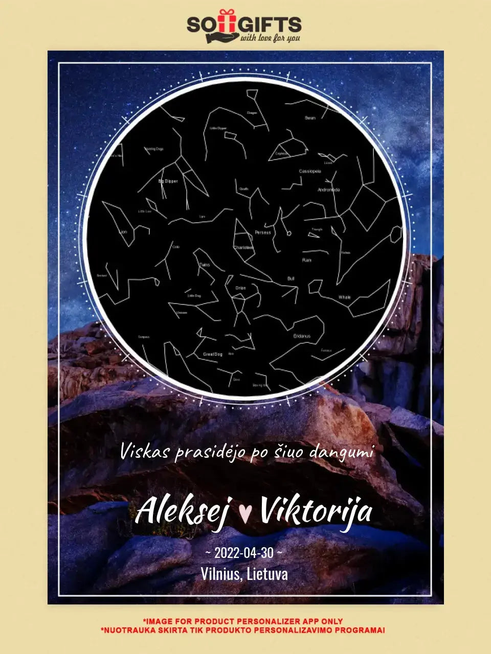 Personalizuotas žvaigždžių žemėlapis su fonu ant drobės  Drobe -  dovanokis.lt