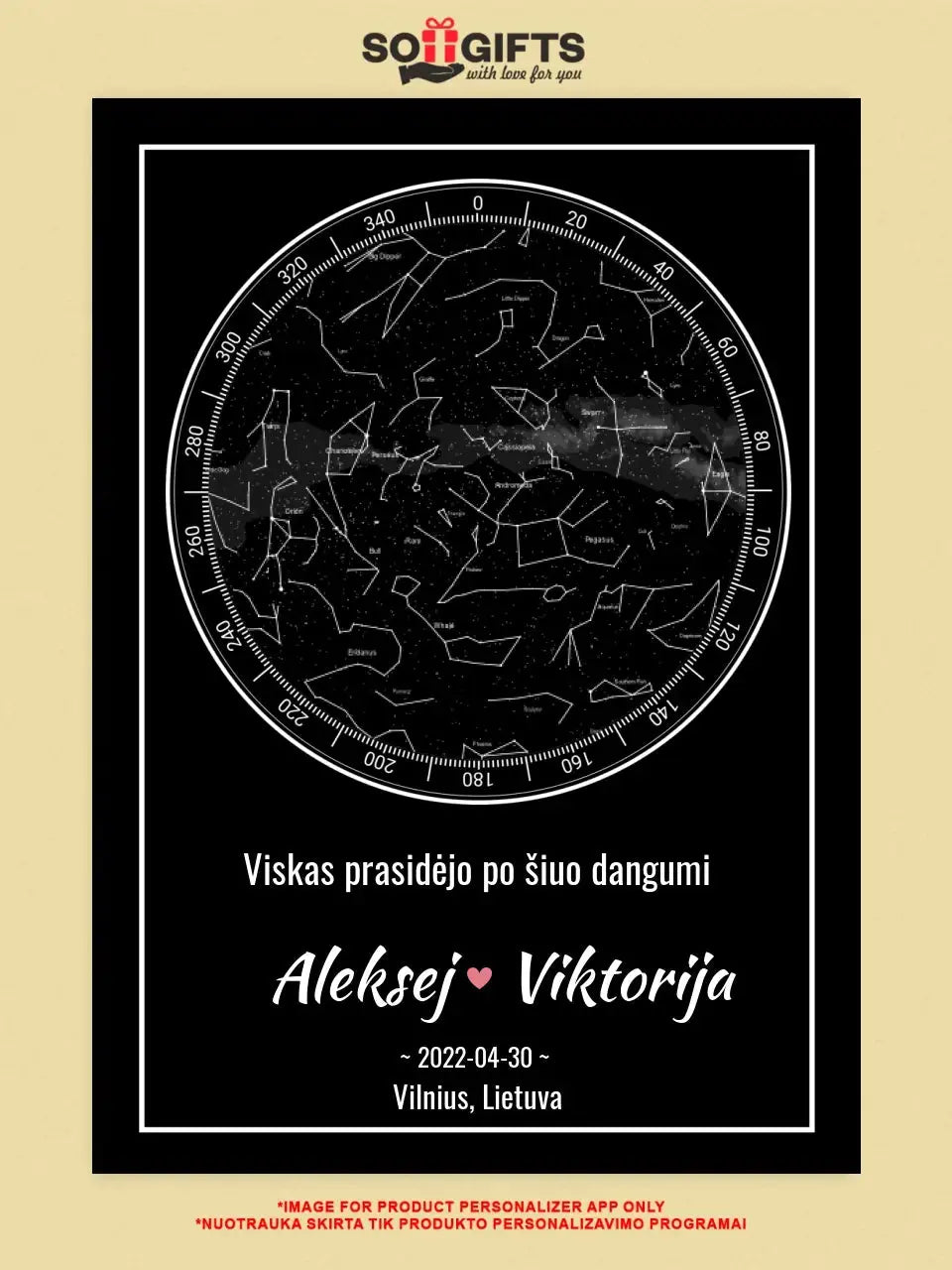 Personalizuotas žvaigždžių žemėlapis ant drobės  Drobe -  dovanokis.lt