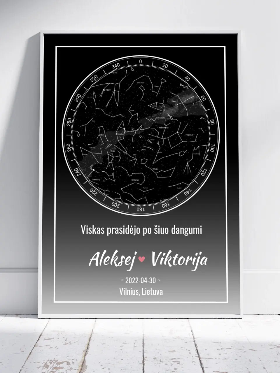 Personalizuotas žvaigždžių žemėlapis, plakatas su rėmeliu