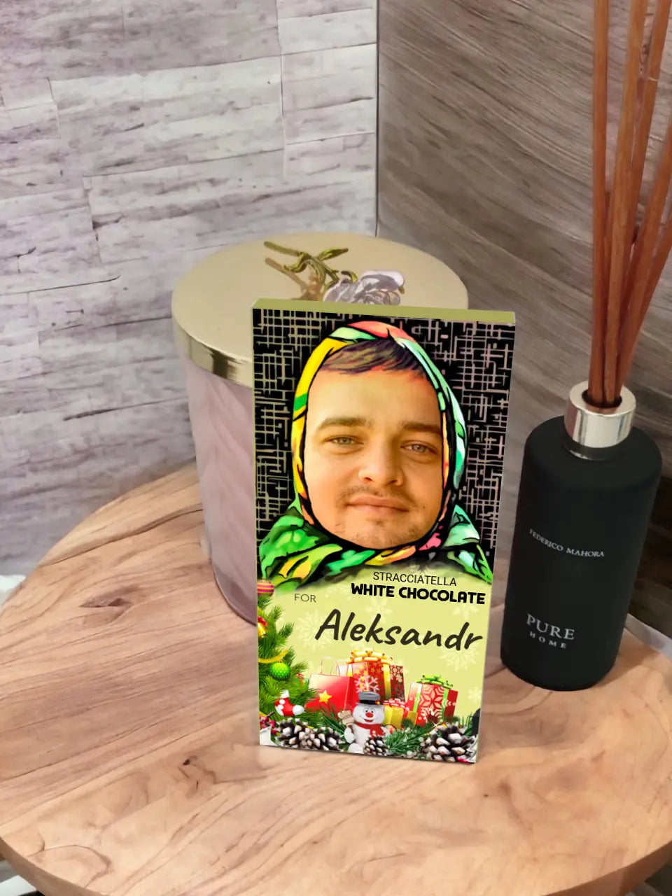 Personalizuotas "Alionka" šokoladas su jūsų nuotrauka kalėdinis variantas