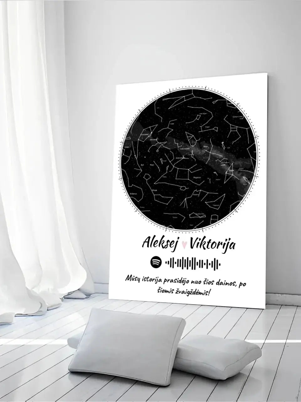 Personalizuotas žvaigždžių žemėlapis su spotify kodu ir tekstu ant drobės  Drobe -  dovanokis.lt