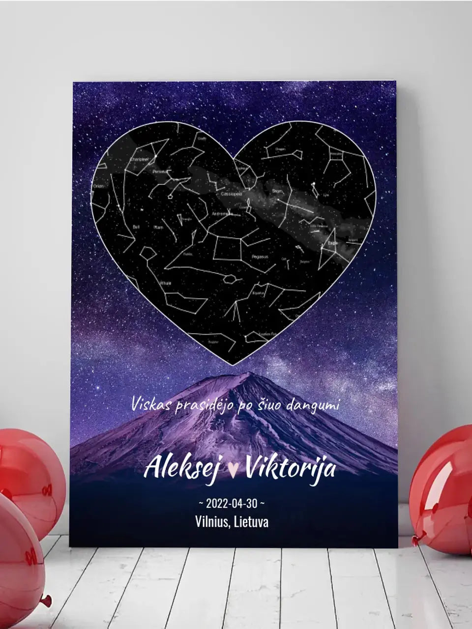 Personalizuotas žvaigždžių žemėlapis su fonu ir tekstu ant drobės  Drobe -  dovanokis.lt