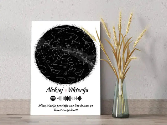 Personalizuotas žvaigždžių žemėlapis su spotify kodu ir tekstu ant drobės  Drobe -  dovanokis.lt