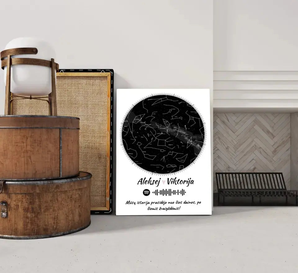 Personalizuotas žvaigždžių žemėlapis su spotify kodu ir tekstu ant drobės  Drobe -  dovanokis.lt