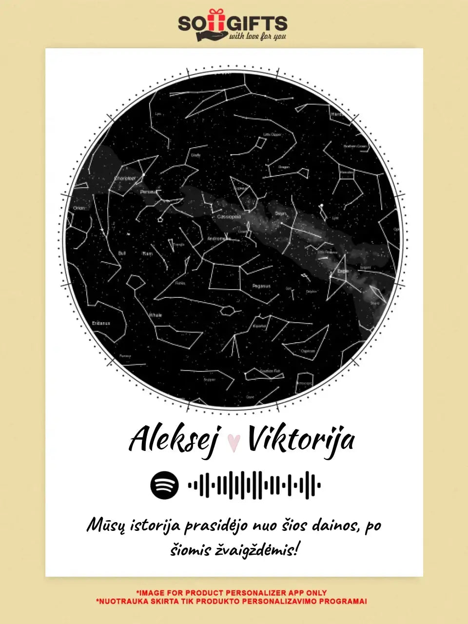 Personalizuotas žvaigždžių žemėlapis su spotify kodu ir tekstu ant drobės  Drobe -  dovanokis.lt
