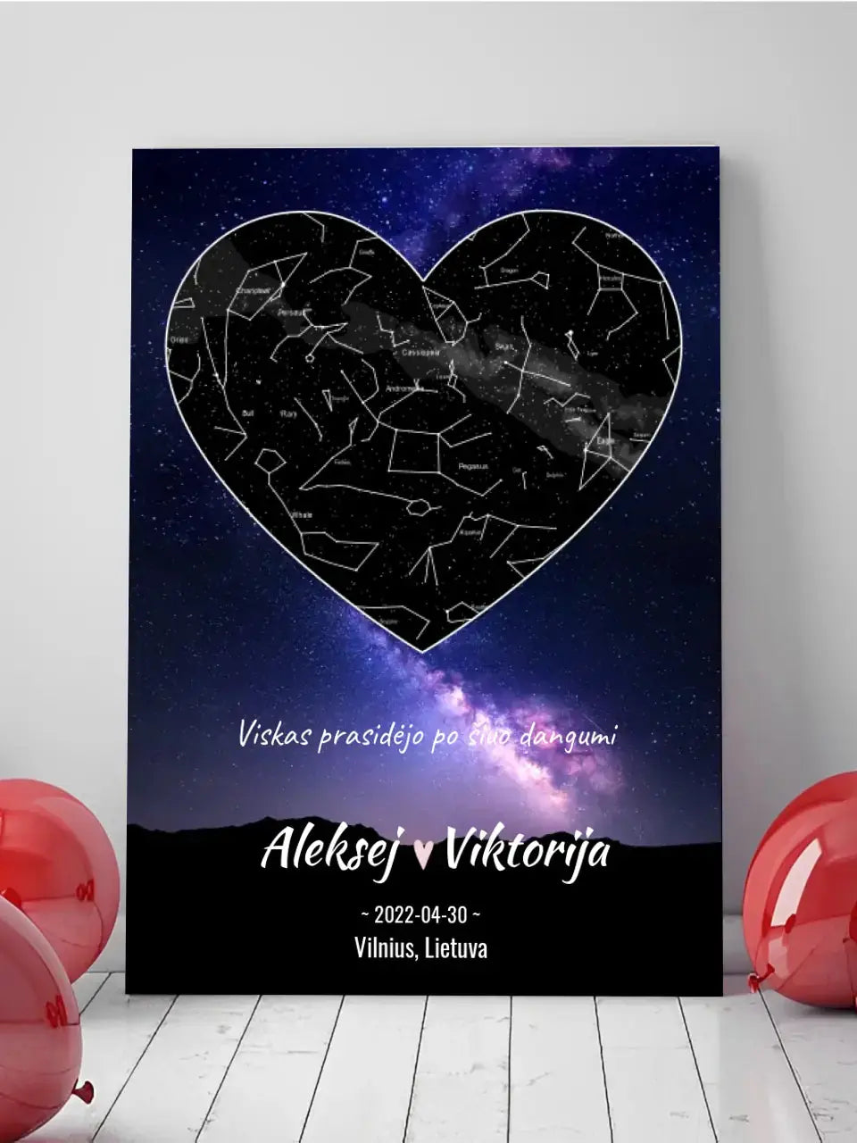 Personalizuotas žvaigždžių žemėlapis su fonu ir tekstu ant drobės  Drobe -  dovanokis.lt