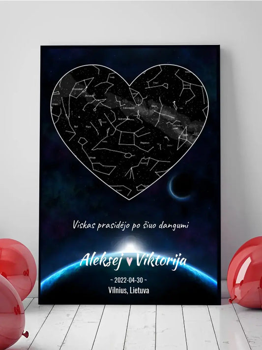 Personalizuotas žvaigždžių žemėlapis su fonu ir tekstu ant drobės  Drobe -  dovanokis.lt