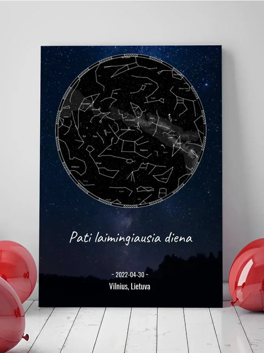 Personalizuotas žvaigždžių žemėlapis su fonu ir tekstu ant drobės  Drobe -  dovanokis.lt