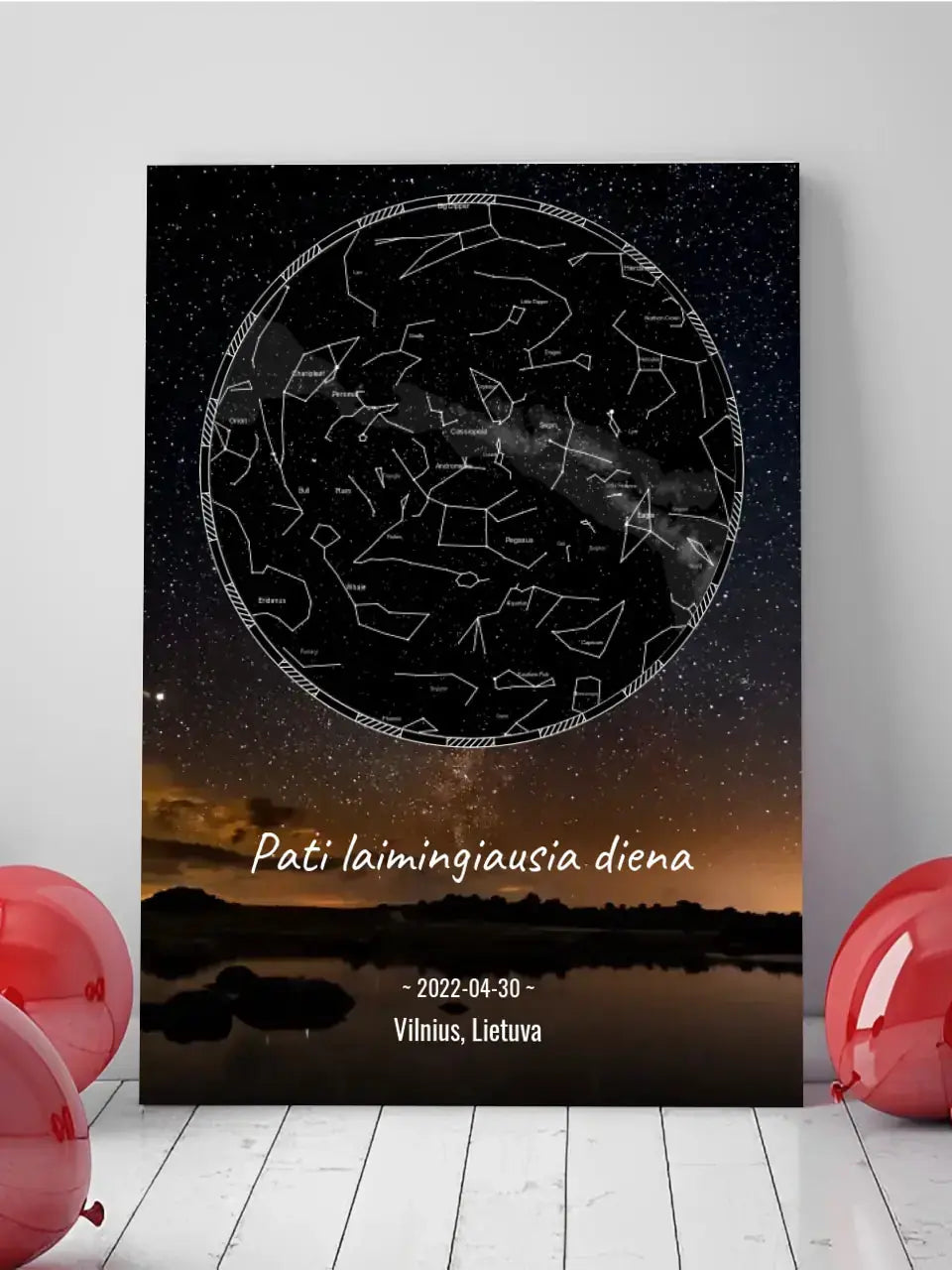 Personalizuotas žvaigždžių žemėlapis su fonu ir tekstu ant drobės  Drobe -  dovanokis.lt
