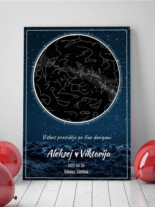 Personalizuotas žvaigždžių žemėlapis su mėlynu fonu ant drobės  Drobe -  dovanokis.lt