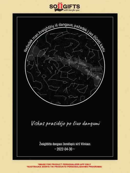 Personalizuotas žvaigždžių žemėlapis ant drobės, Nežadėk man žvaigždžių iš dangaus, pažadėk į jas žiūrėti kartu  Drobe -  dovanokis.lt