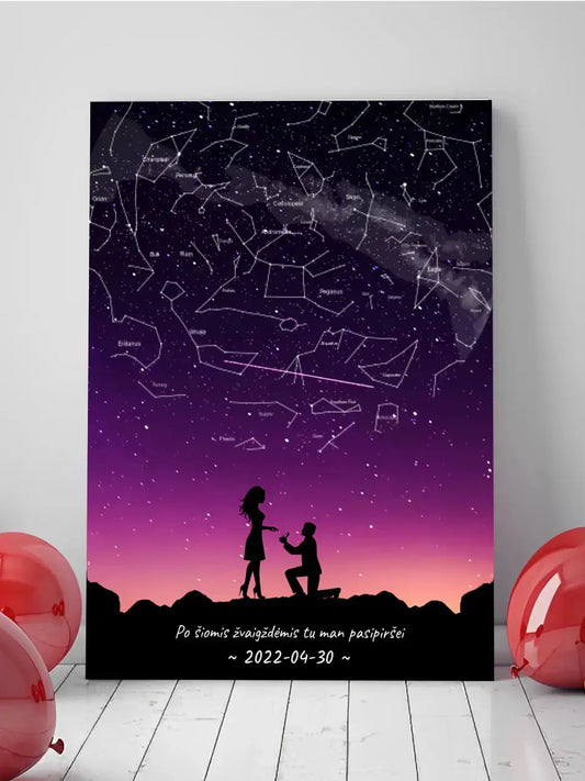 Personalizuotas viso spektro žvaigždžių žemėlapis ant drobės, su santuokos silueto pasirinkimu  Drobe -  dovanokis.lt