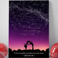 Personalizuotas viso spektro žvaigždžių žemėlapis ant drobės, su Meilės istorijos pasirinktu siluetu  Drobe -  dovanokis.lt