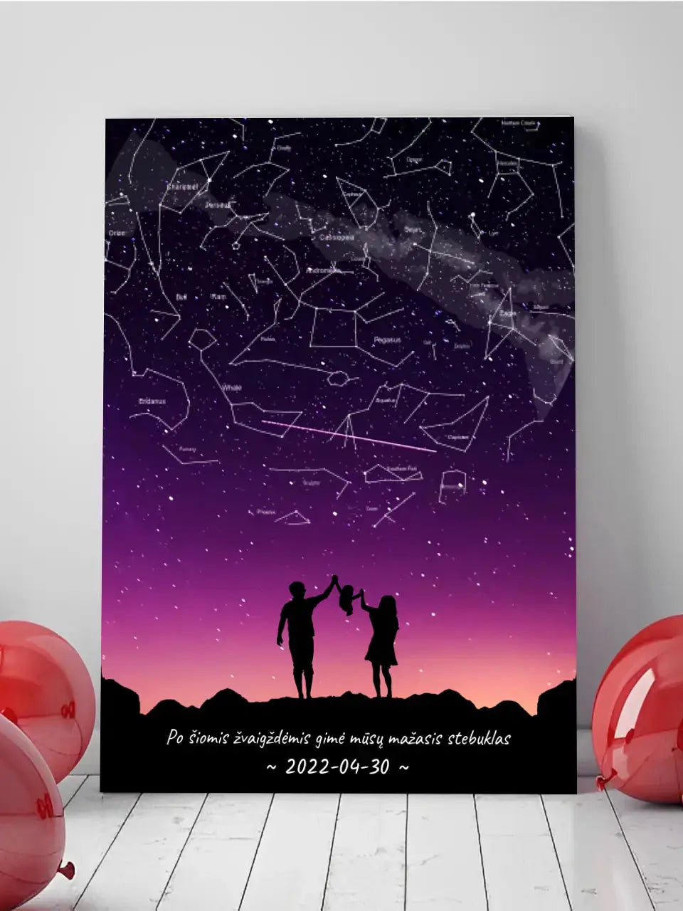 Personalizuotas viso spektro žvaigždžių žemėlapis ant drobės, su Šeimos pasirinktu siluetu  Drobe -  dovanokis.lt